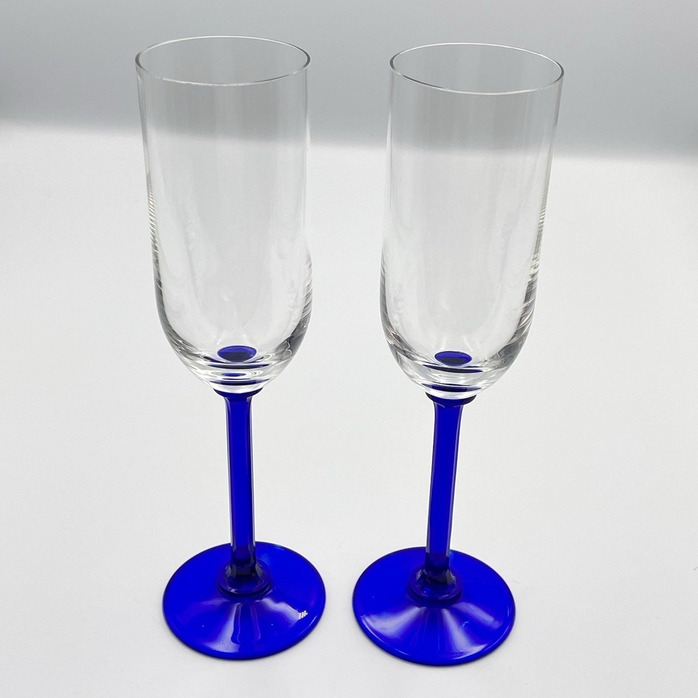 Set‎ of 2 Blue Stem Champagne Flutes 9" Clear Glass Cobalt Bases
